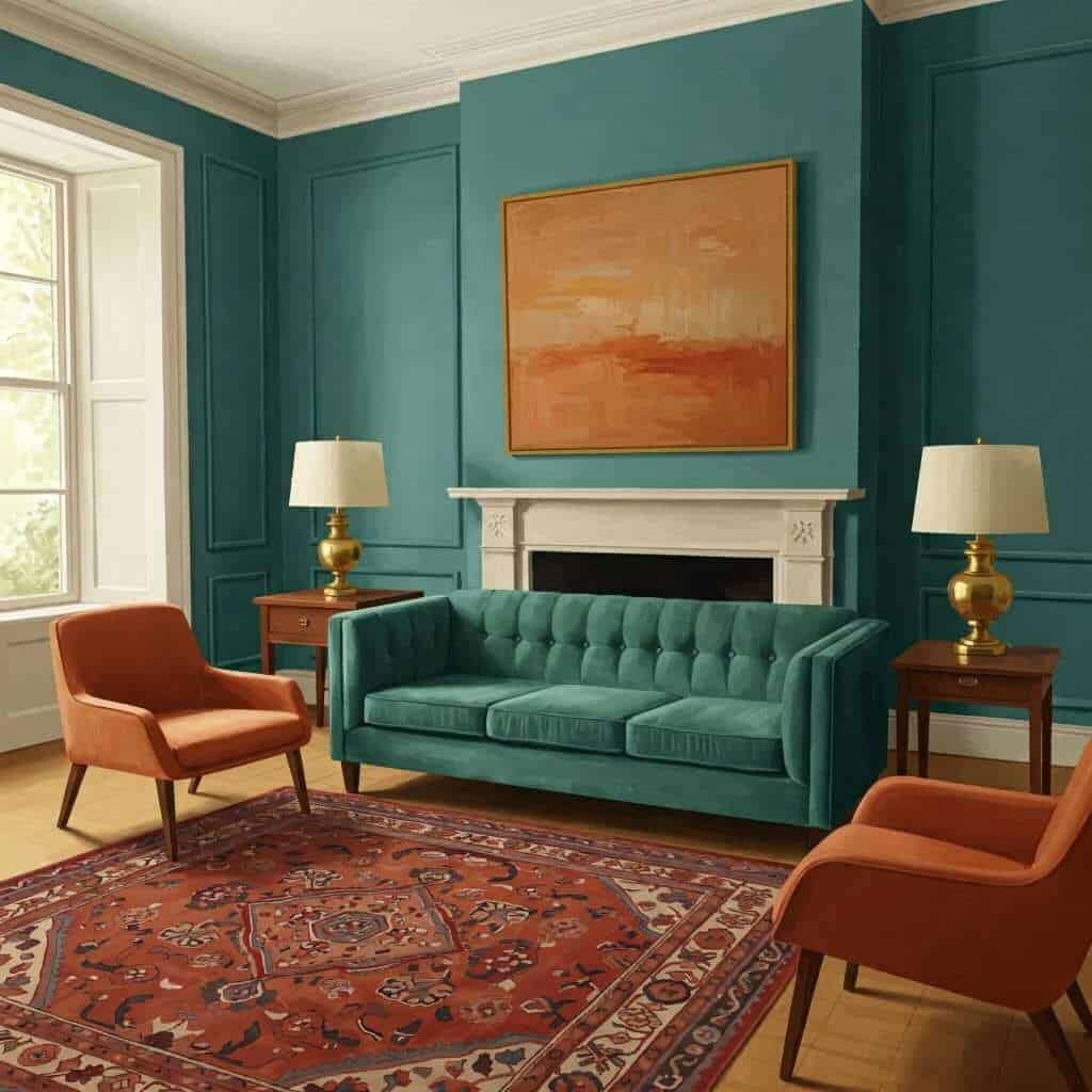 Vivid teal interior walls with elegant white fireplace surround, featuring stylish teal and coral living room furniture, modern lamps, and Persian rug for a sophisticated home decor look.