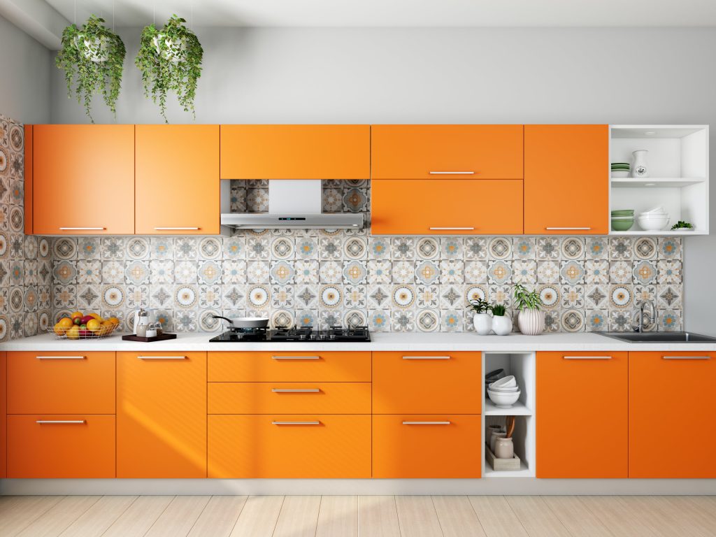 orange painted kitchen cupboards
