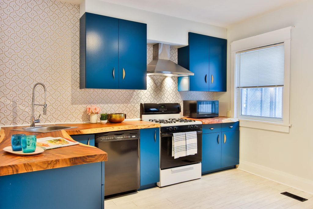 vibernt blue kitchen cupboards