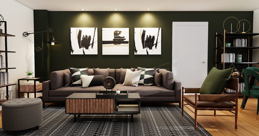  An eye-catching feature wall adorned with a dynamic interplay of geometric patterns and vibrant colors, seamlessly merging modern design with artistic flair. The textured surface invites tactile exploration, while the carefully curated visual elements create a captivating focal point, adding depth and personality to the surrounding space."