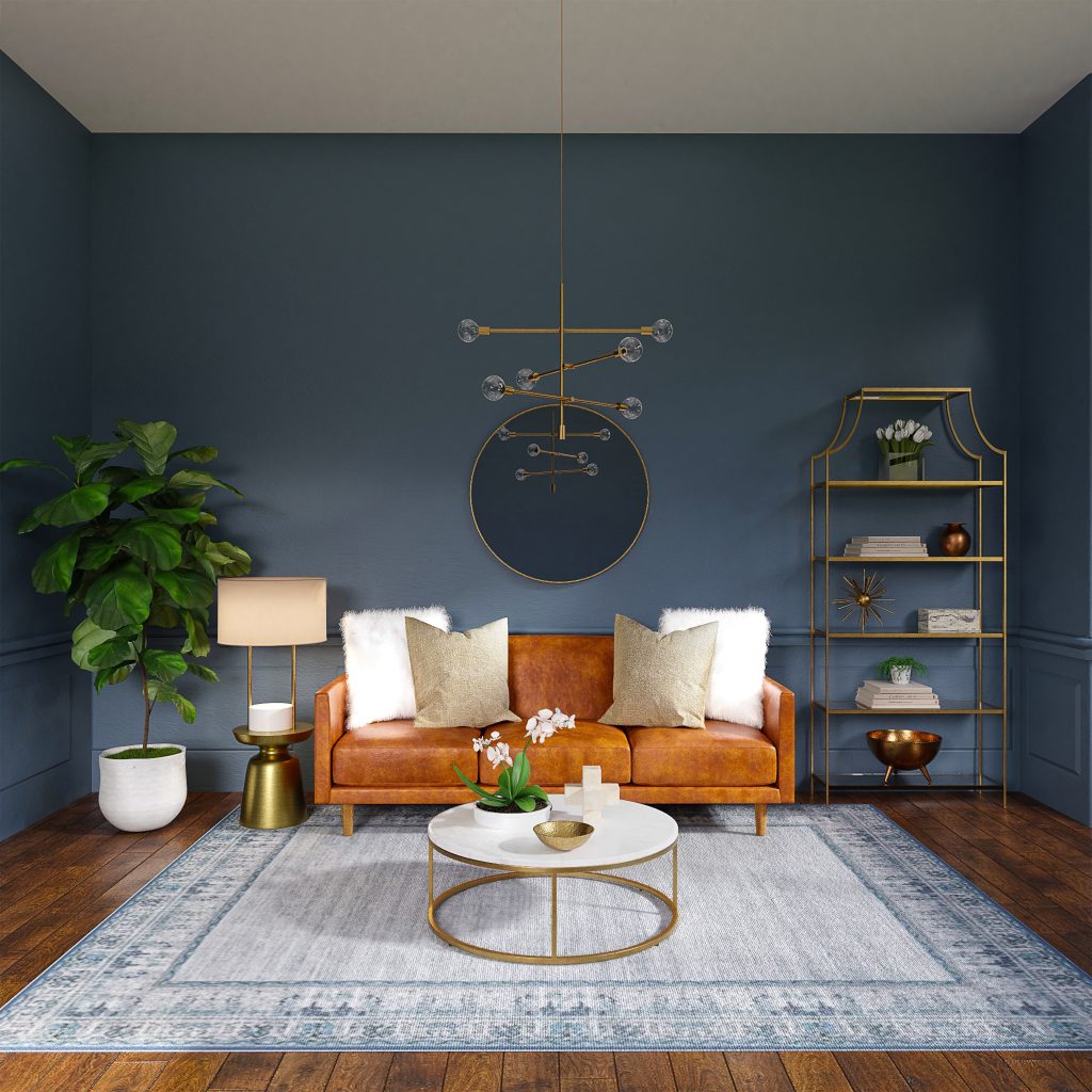 Bold blue feature wall adding depth and character to the room's decor."